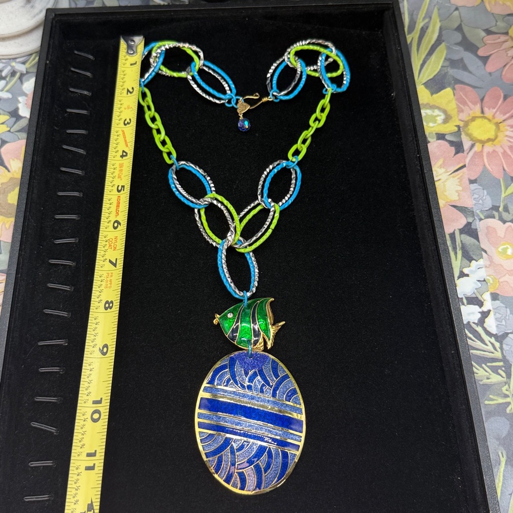 ⭐️Adorned Crown Jewelry assemblage fish blue enamel neon blue green necklace - Picture 5 of 10